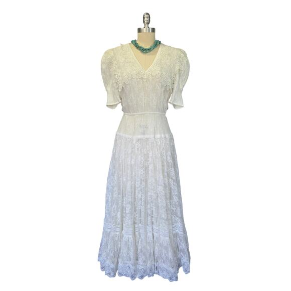Gunne Sax White Lace Midi Dress Size 4 Vintage 80s Edwardian Romantic Wedding - Picture 2 of 12
